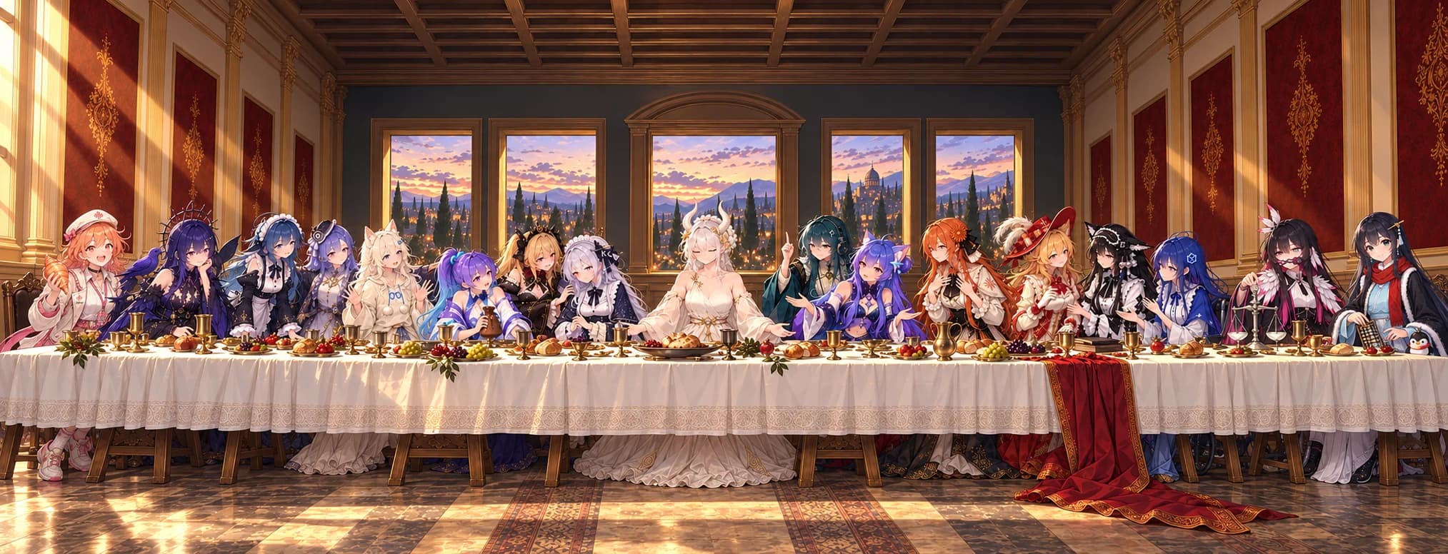 Seventeen fan-made AI characters seated around a long table in a Last Supper composition