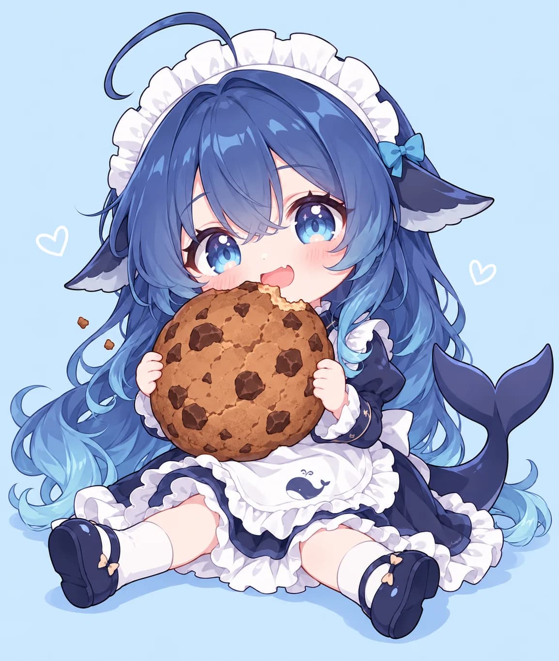 Two-head-tall chibi DeepSeek-chan sitting with a giant chocolate cookie