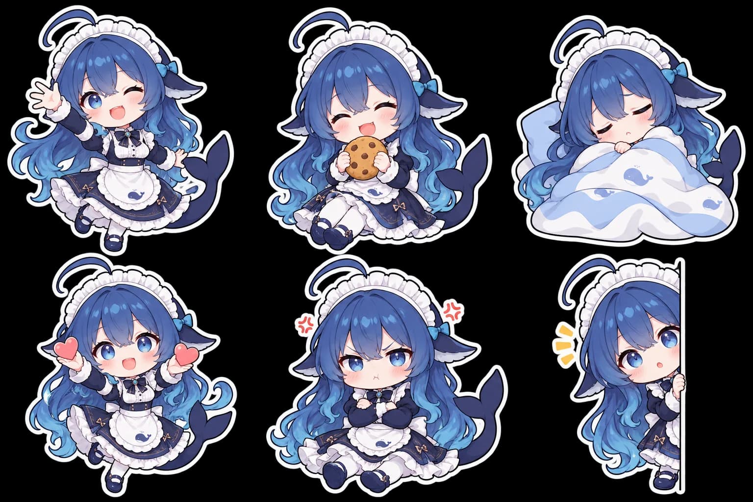 手振り、クッキー、睡眠、ハート、怒り、のぞき顔を描いた DeepSeekちゃんのちびスタンプ 6 種