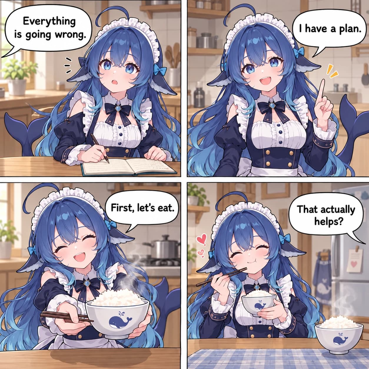 Four-panel comic of Whale-chan serving rice while the puzzled user asks whether it will help