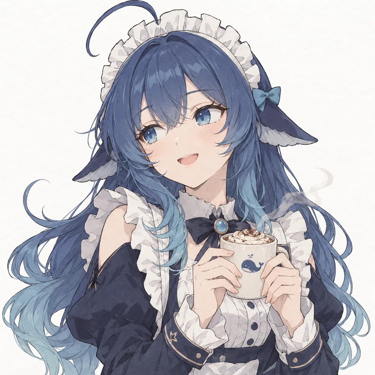 DeepSeek-chan holding hot cocoa, drawn with fine ink lines and light watercolor shading