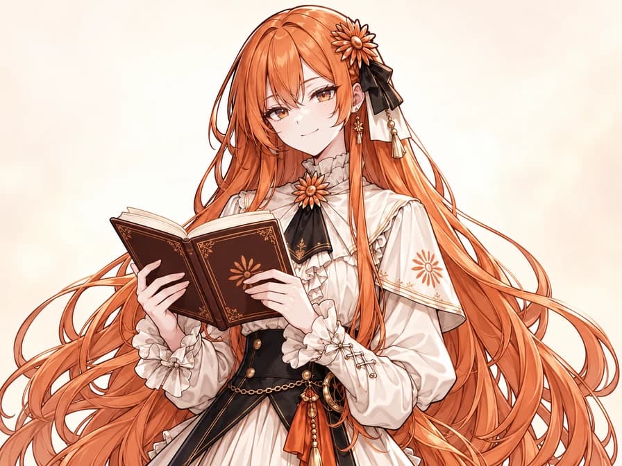 長橙髮、佩戴花飾的 Claude 娘微笑著捧著打開的書