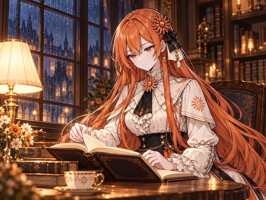 同一位長橙髮 Claude 娘在雨夜圖書館窗邊讀書,暖色檯燈照亮桌面