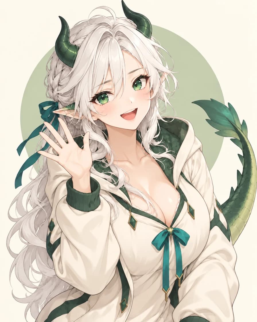 同一位白髮龍娘,保留綠色龍角和青色緞帶,微笑著抬手打招呼