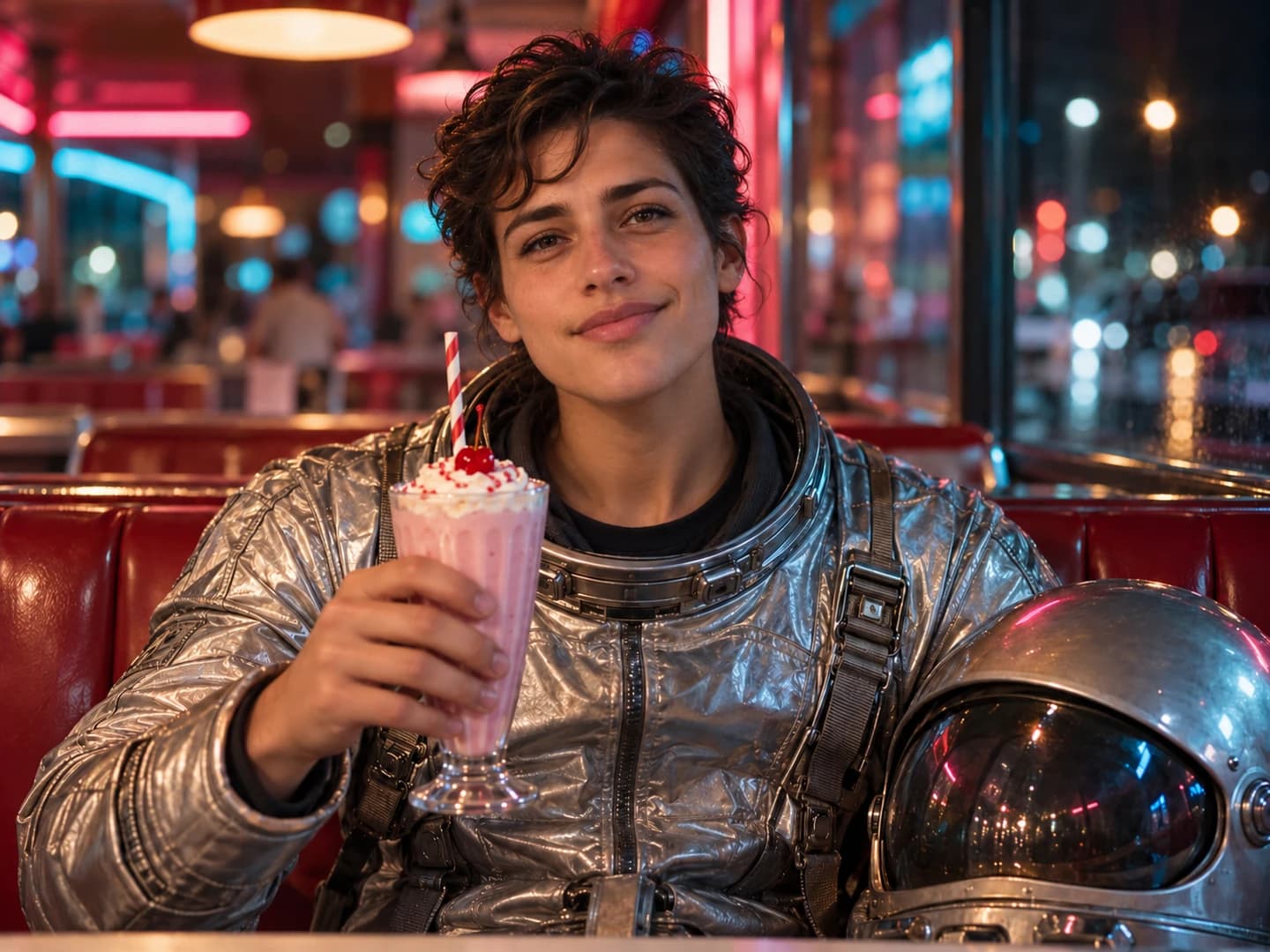 Versão feminina do astronauta com o mesmo traje espacial prateado, milk-shake, capacete e lanchonete com neon
