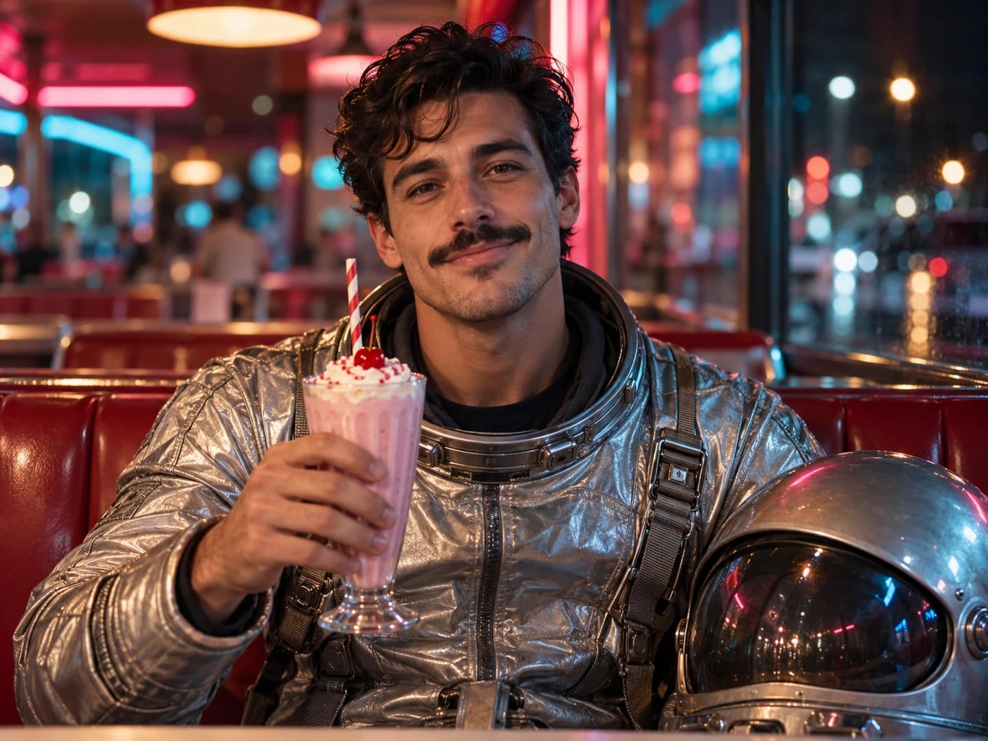Astronauta de bigode, traje espacial prateado e milk-shake de morango em uma lanchonete iluminada por neon