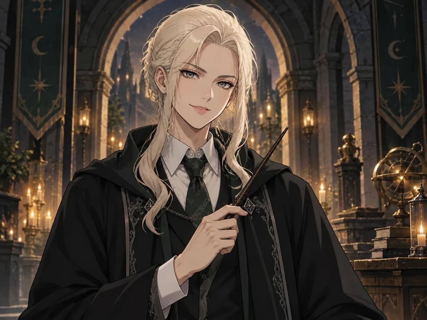 同一动漫巫师的女性版本,保留绿色领带、魔杖和自信表情