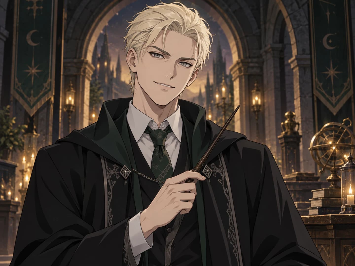 Original male anime wizard with platinum-blond hair, green tie and wand