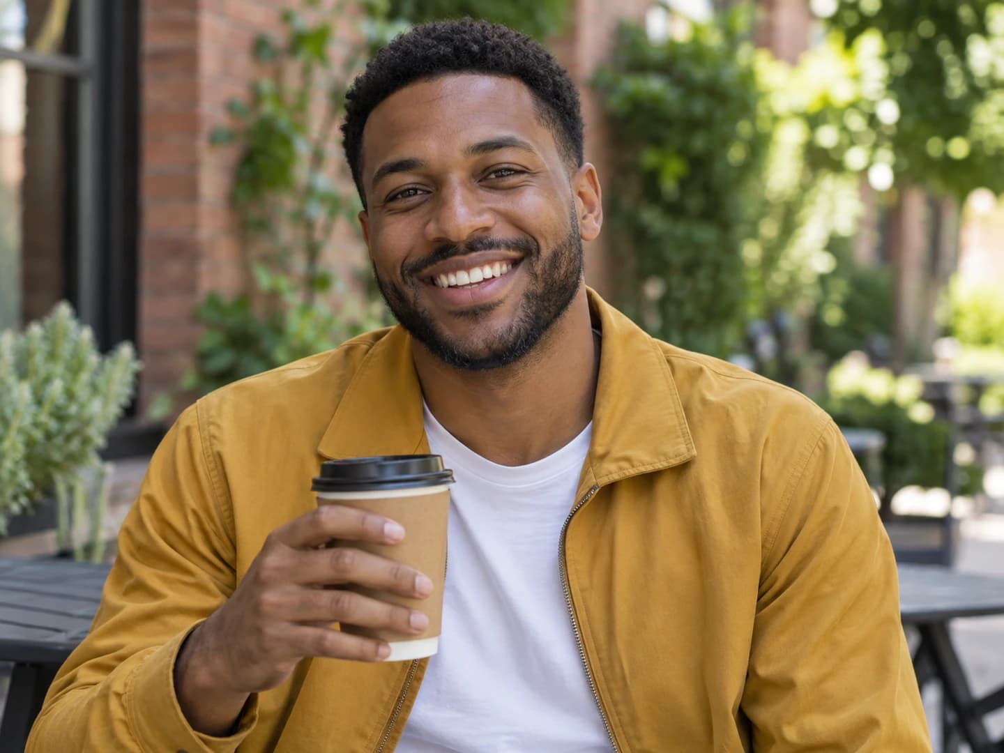 Mann in einer gelben Jacke, der mit einem Kaffee vor einem Café lächelt