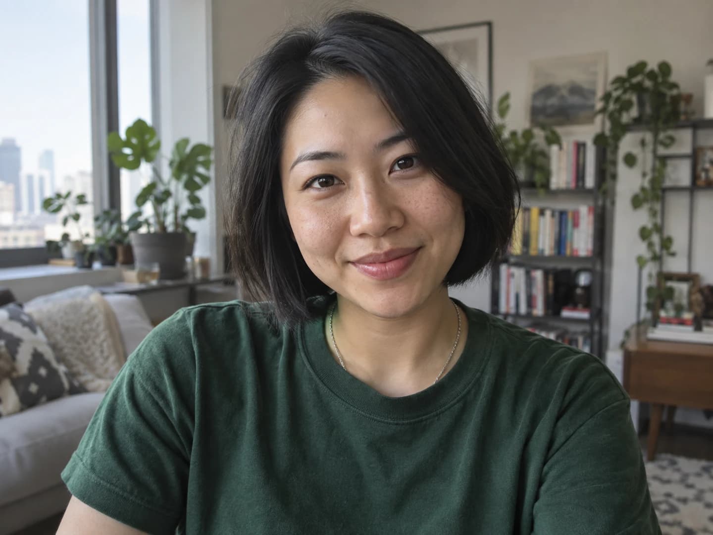 낮에 아파트에서 초록색 티셔츠를 입고 셀카를 찍는 검은 단발머리 여성