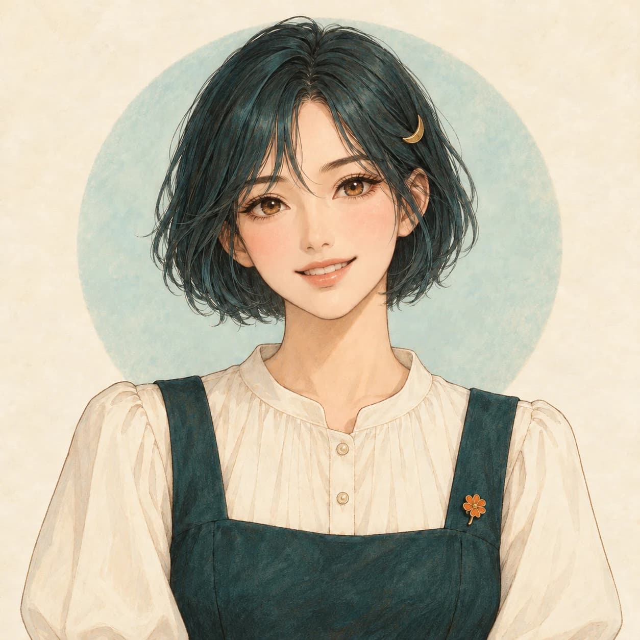The same illustrated woman smiling, with her hair, outfit, and composition retained