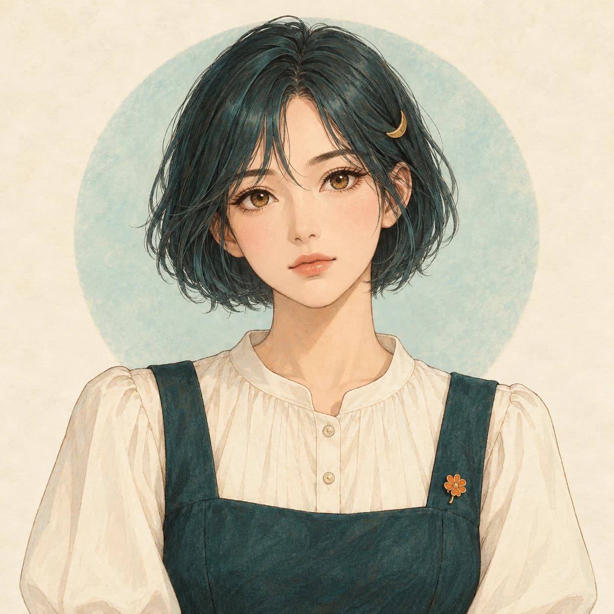 Original illustrated woman with a teal bob, crescent hair clip, and thoughtful expression
