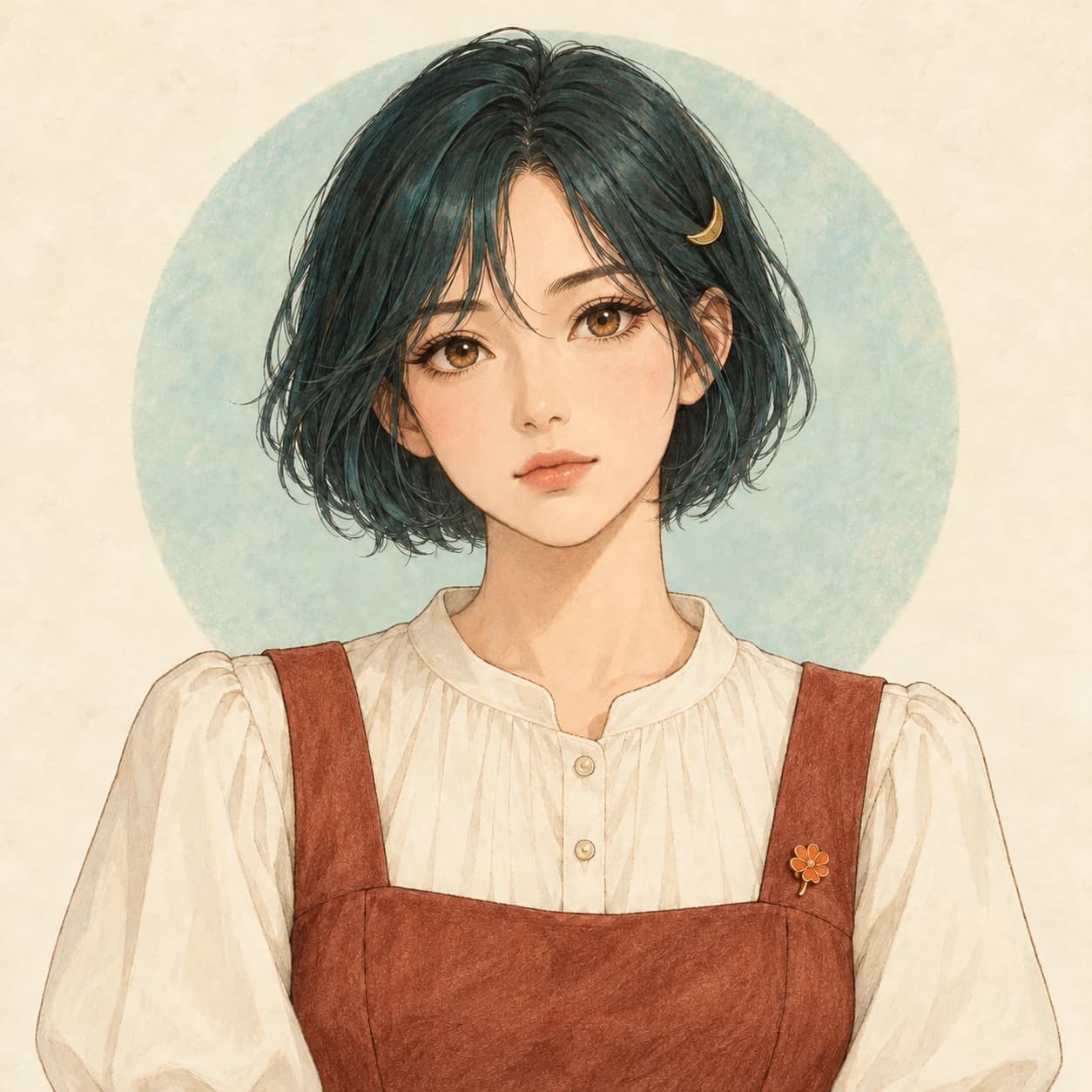The same character with the pinafore changed to muted terracotta