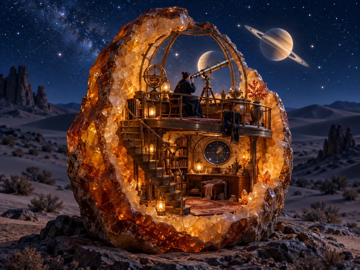 An illuminated amber geode observatory with a brass telescope beneath a ringed planet in a starry desert sky