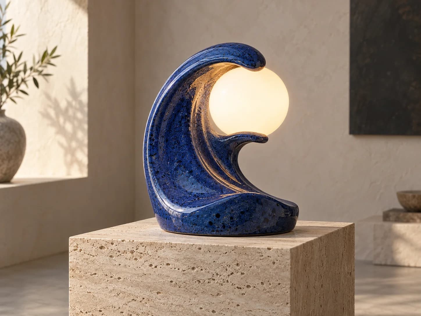 A cobalt ceramic lamp shaped like an ocean wave around a warm glass globe, displayed on travertine