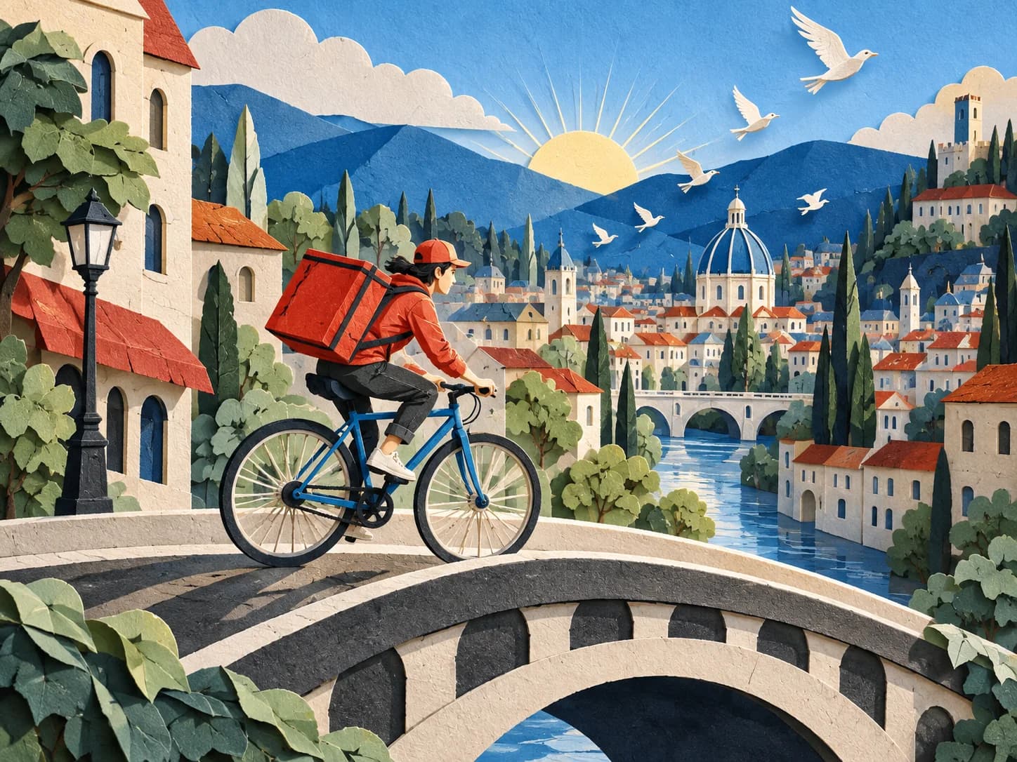 A bicycle courier crossing a curved bridge through a colorful city made of layered cut paper