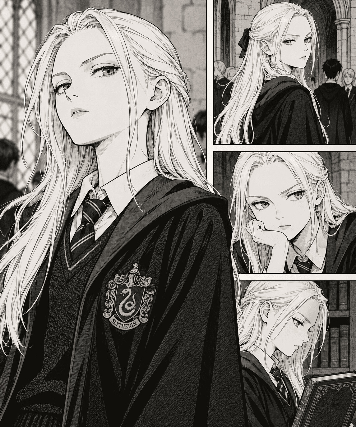 Página de manga en blanco y negro con Draco en versión femenina, de cabello claro y túnica de Slytherin. Incluye un retrato grande y tres escenas escolares pequeñas.