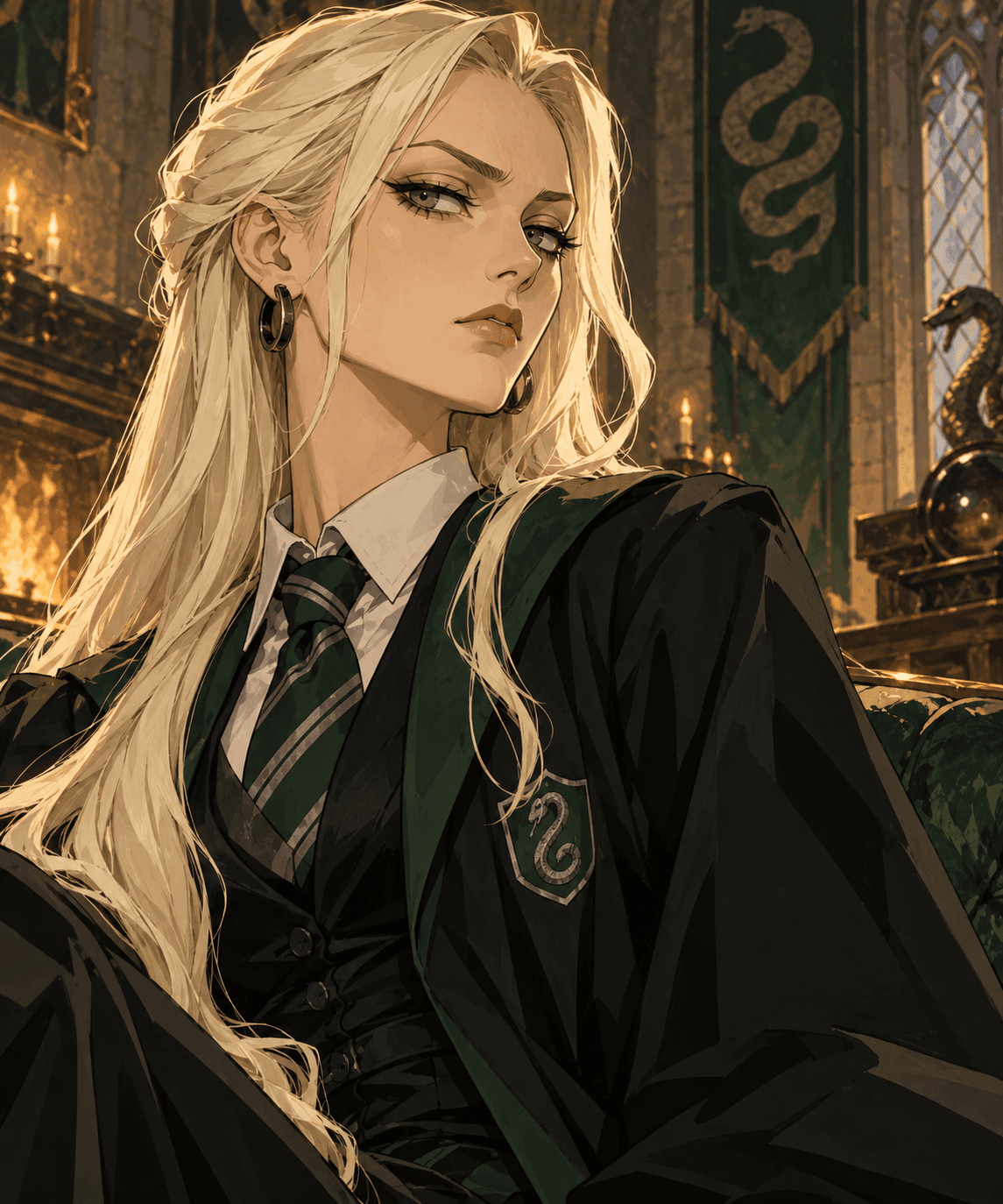Draco en versión femenina, con una túnica oscura de Slytherin, cabello dorado, pendientes de aro y una expresión orgullosa en un interior de luz cálida.
