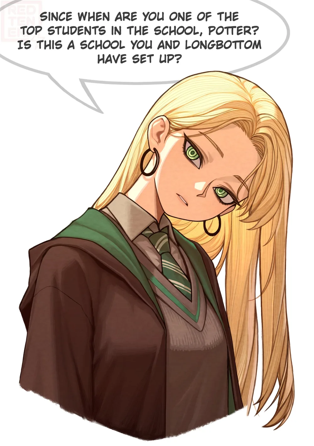 REDTEN's female Draco Malfoy fan art with long blonde hair, a green tie and the complete dialogue bubble.