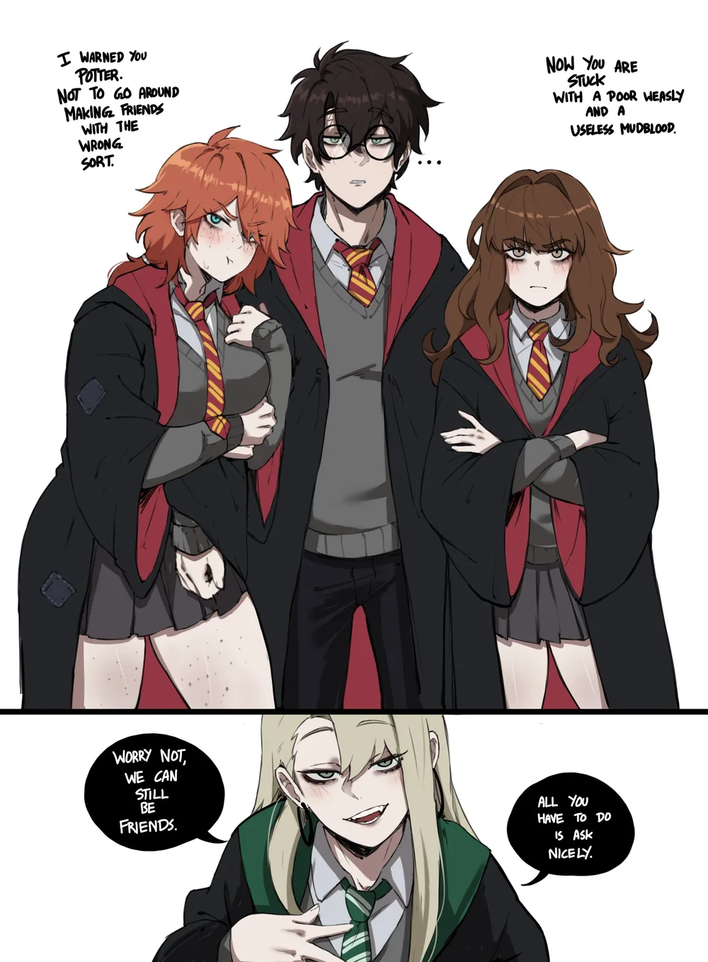 Malfoy and the golden trio, by masoq / @masoq095